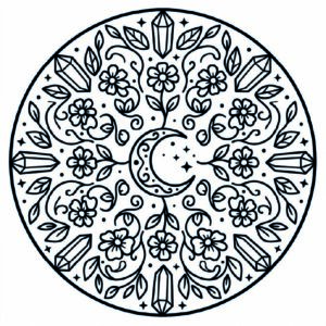 Mandala de lunas y cristales - fácil de colorear